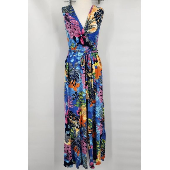 VERY MODA Blue Floral Jumpsuit Romper Sleeveless Wide Leg S/M  NWT - Picture 2 of 8